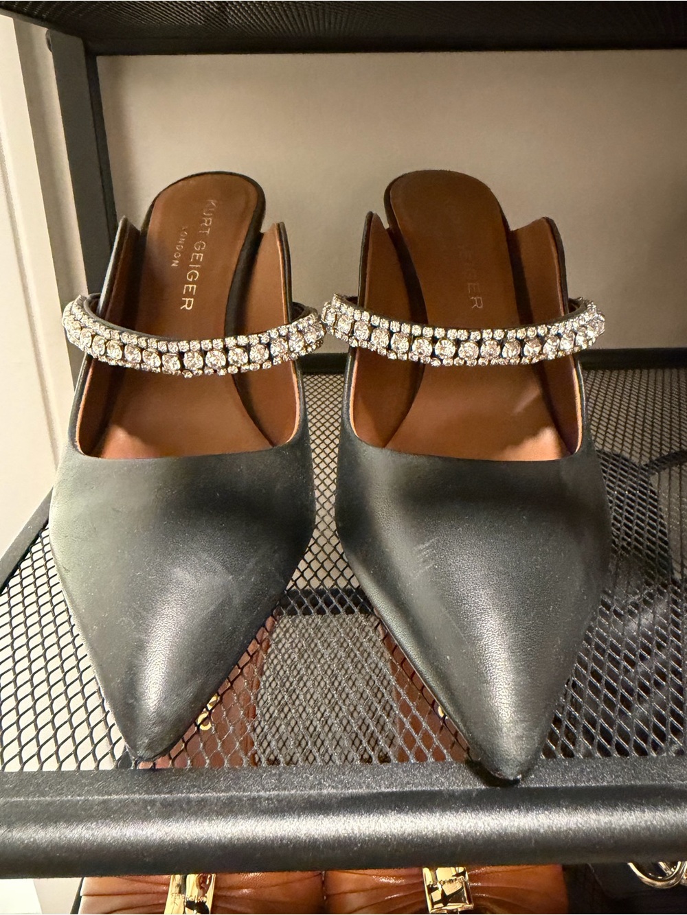 Kurt Geiger Black Pointed Mules with Crystal Strap